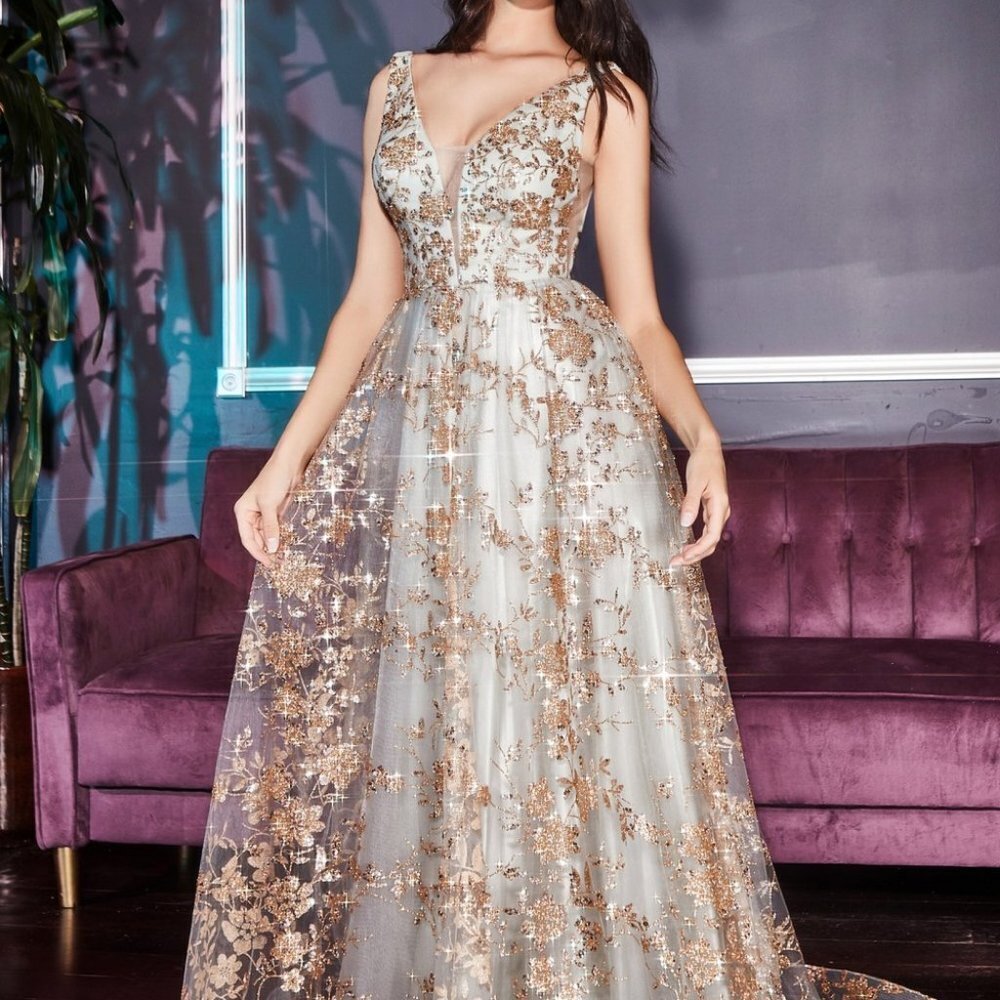 SAGE /GOLD COLOR V-Neck A-Line Shape Prom PARTY EVENING FORMAL GOWN CB068